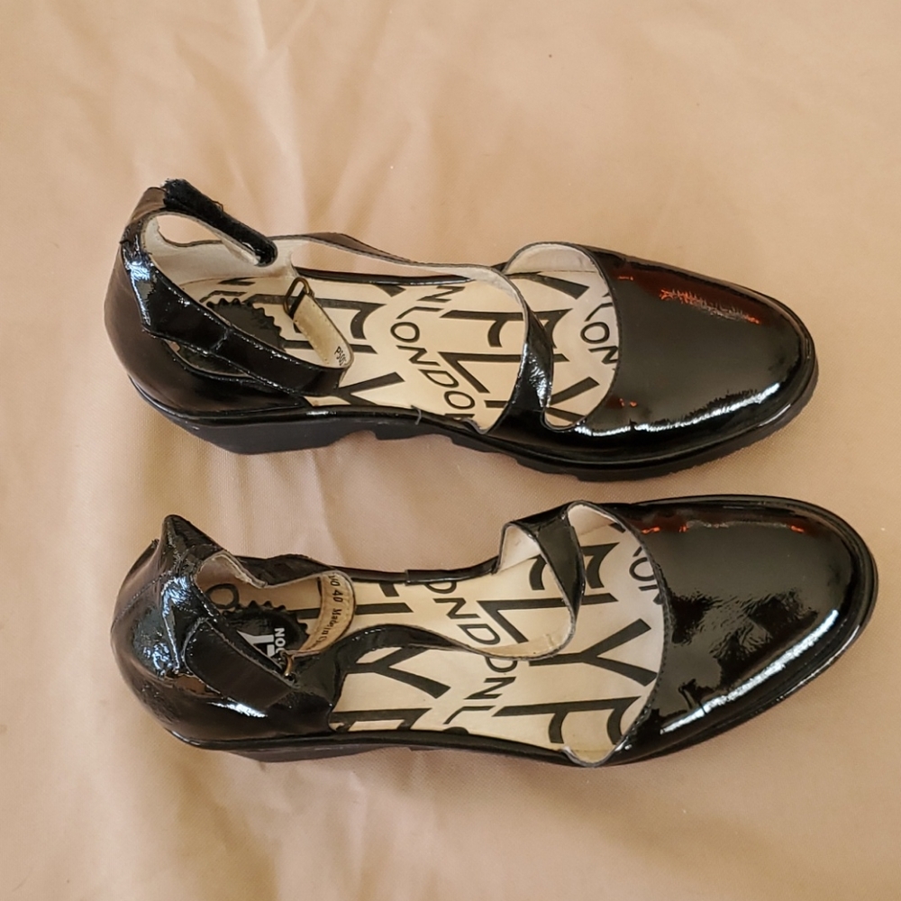 Black patent Fly London sandals